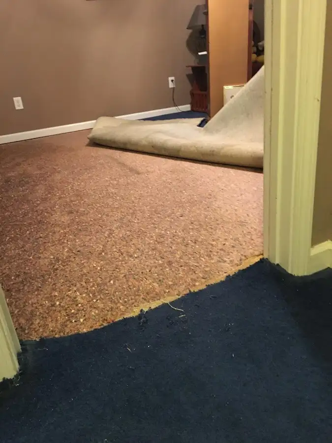 Carpet pad removal revealing water damage during Drying & Dehumidification in Golden Gate